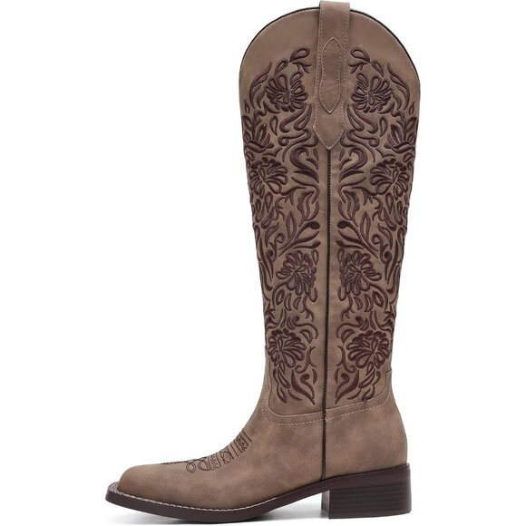 Women\'s Brown Embroidered Cowboy Boots Knee High Riding Boots Low Block Heel